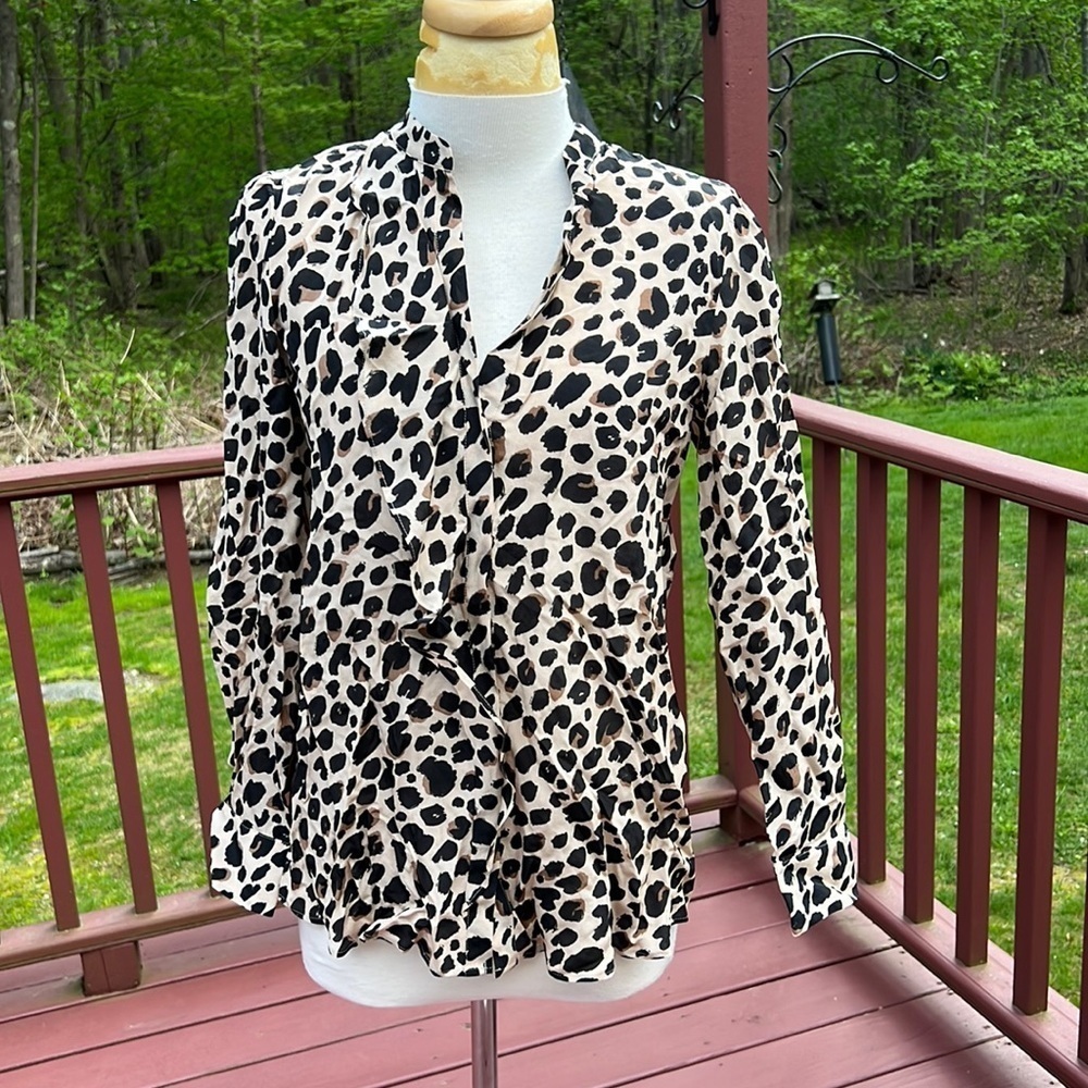New! MARELLA Size 2 beige dappled print long sleeve silk ruffled shirt